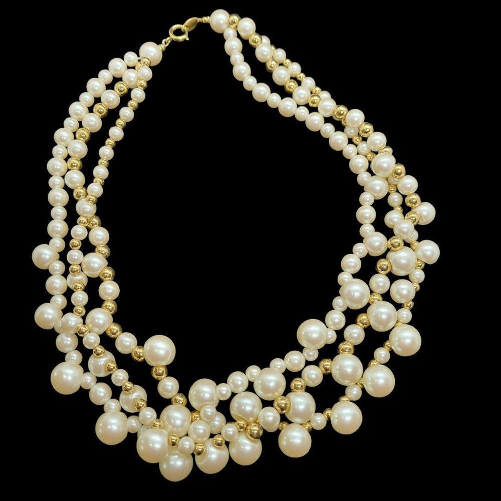 Vintage TRIFARI TM Faux Pearl and Gold Toned 3 Strand Necklace 19"